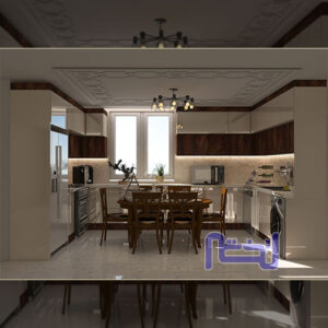 نمای سه بعدی طراحی فضای آشپزخانه